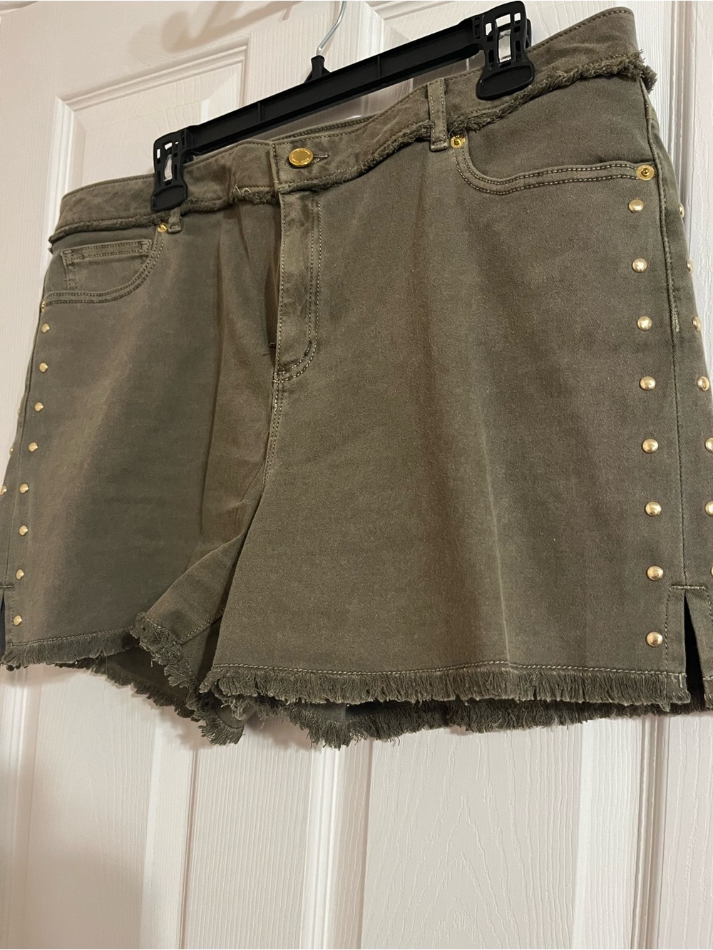 Michael Kors Olive Green Frayed Hem Jean Shorts with Gold-Tone Side Studs
